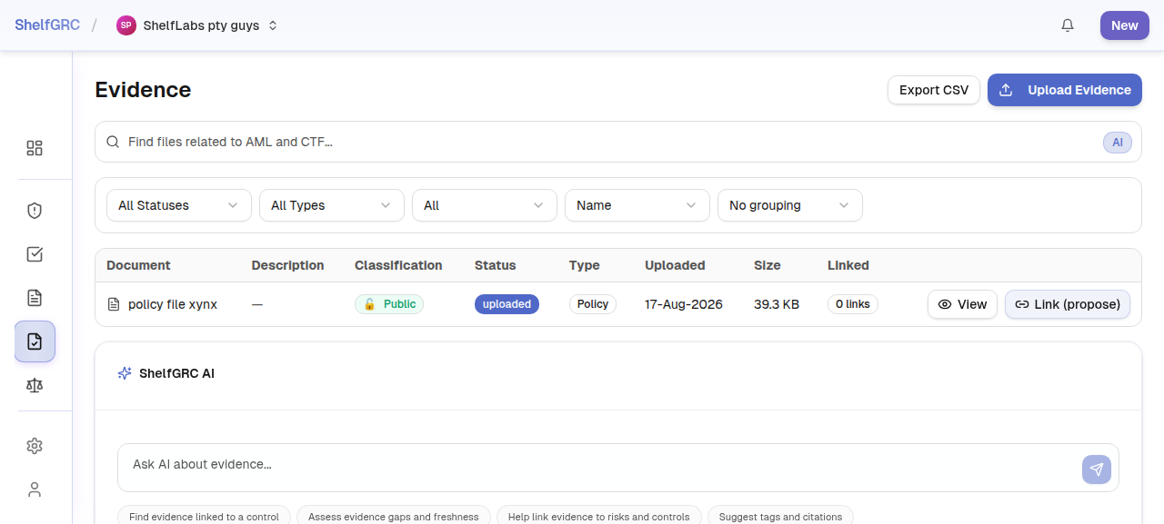 The Evidence repository showing typed documents linked to controls and obligations
