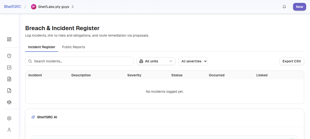 The Breach & Incident Register, showing the Incident Register and Public Reports tabs and the register's columns