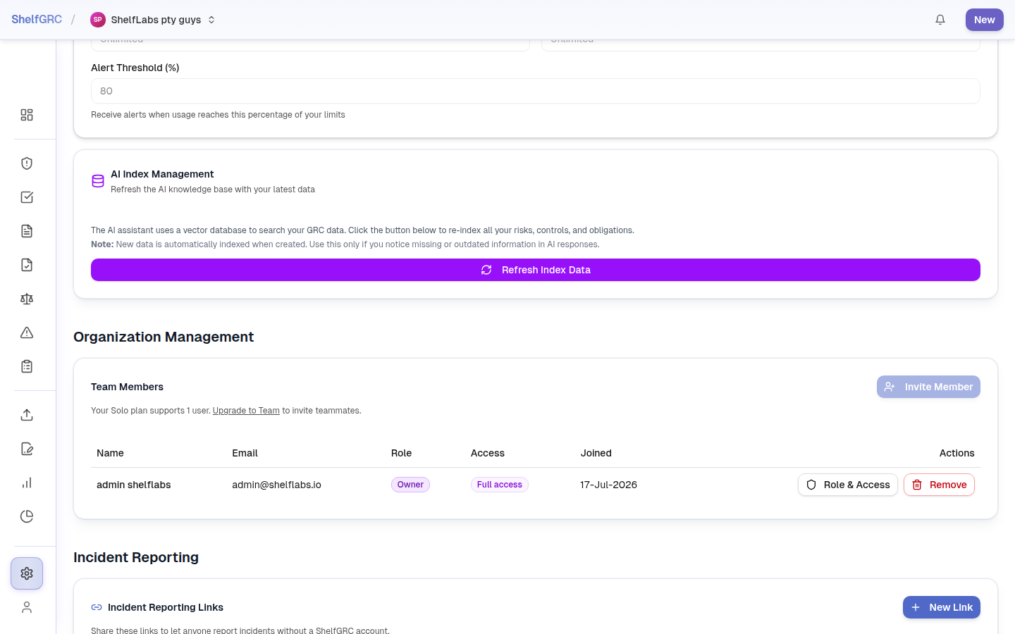 The Team tab listing members, roles, and the Invite Member action