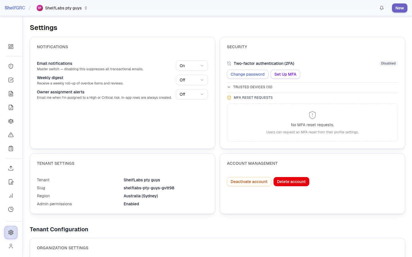 The Security section of Settings, showing the per-user Set Up MFA action, trusted devices, and MFA reset requests