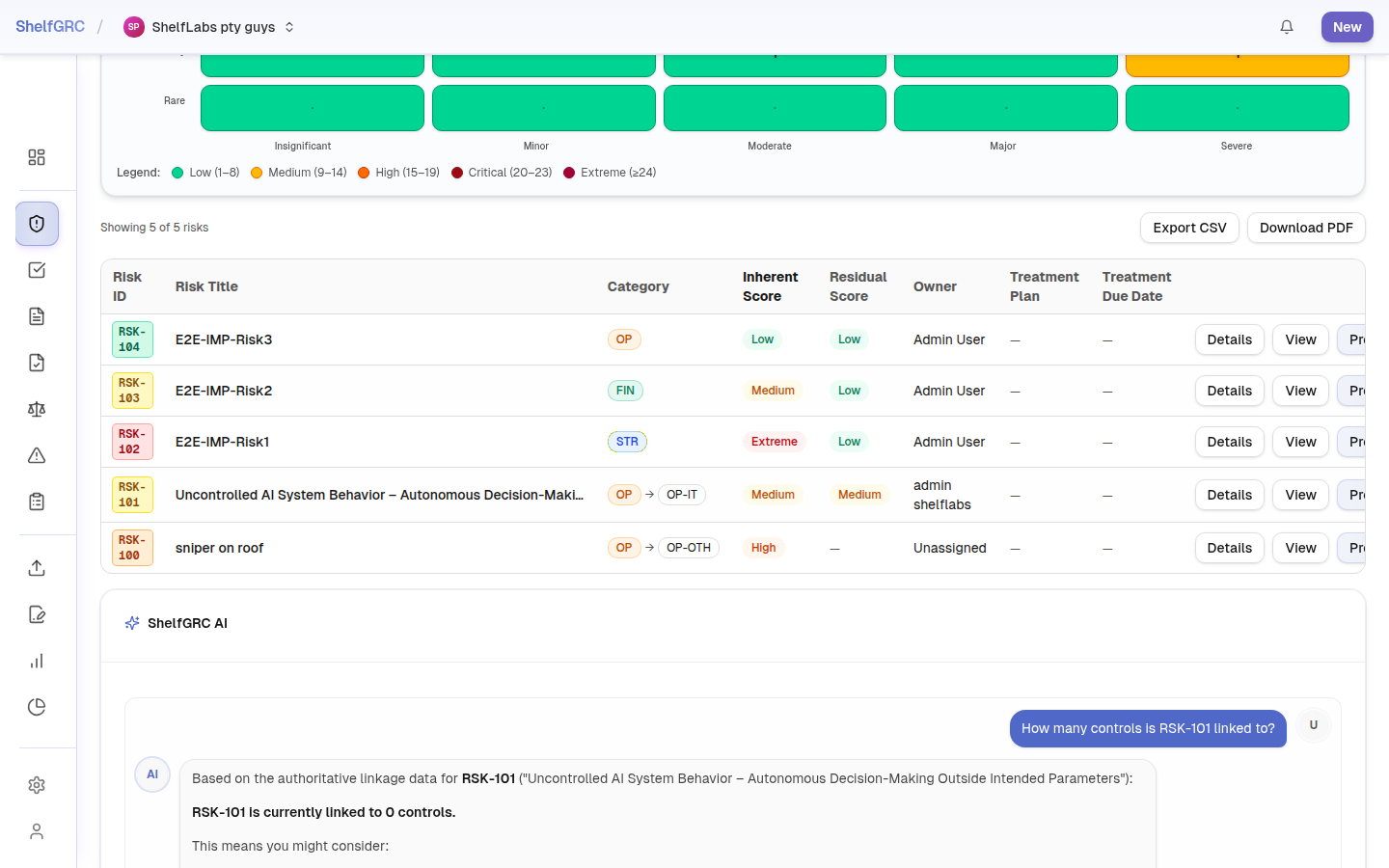 The AI assistant answering “How many controls is this risk linked to?” with a linkage-sidecar-resolved count