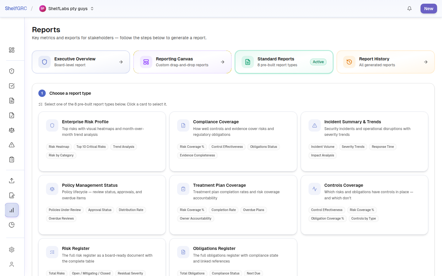 The Reports hub listing purpose-built reports generated on demand from live data
