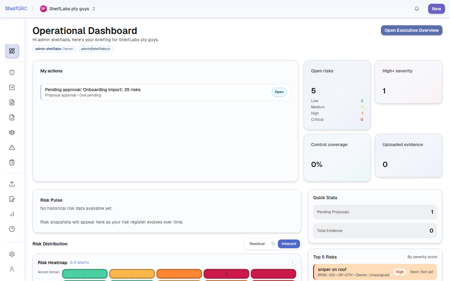 The ShelfGRC dashboard showing KPI cards, risk heatmap, and recent activity