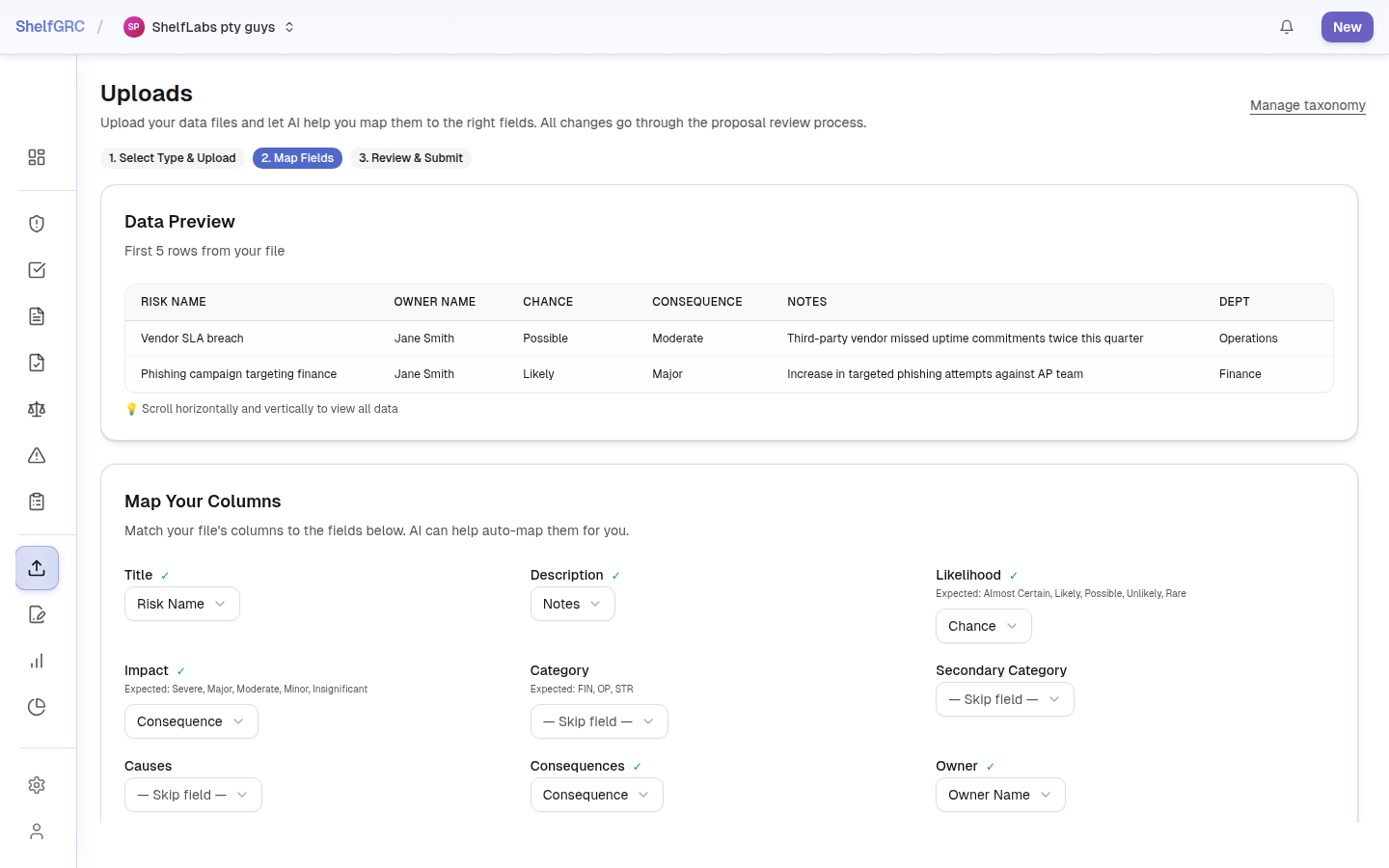 Import column mapping screen showing the AI-suggested source-column-to-field mapping