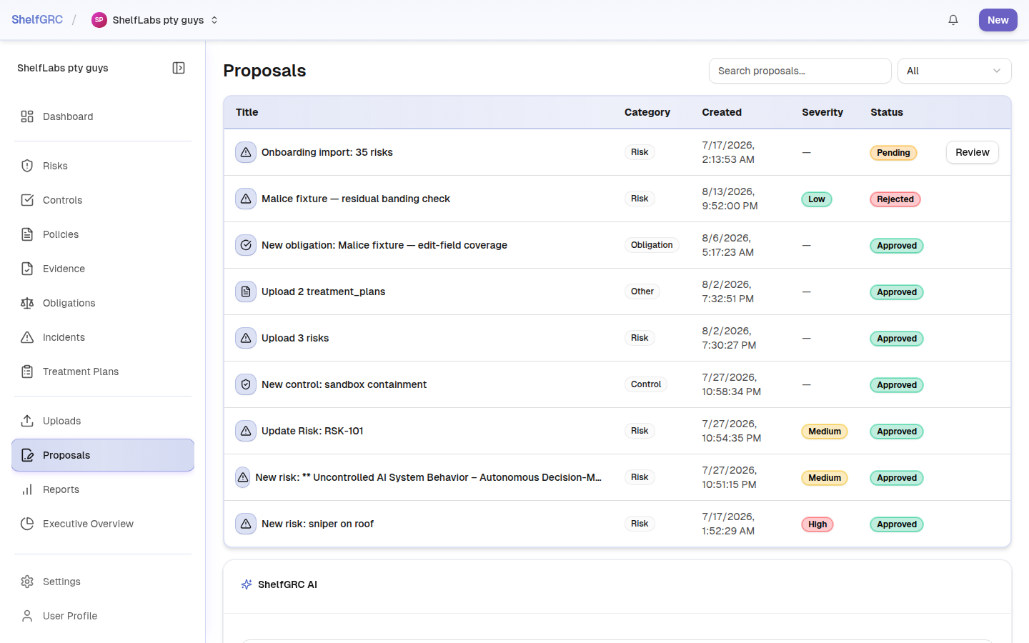 The Proposals queue listing pending changes awaiting human review