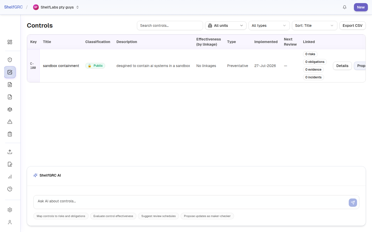 The Controls library showing preventative, detective, and corrective controls with effectiveness ratings