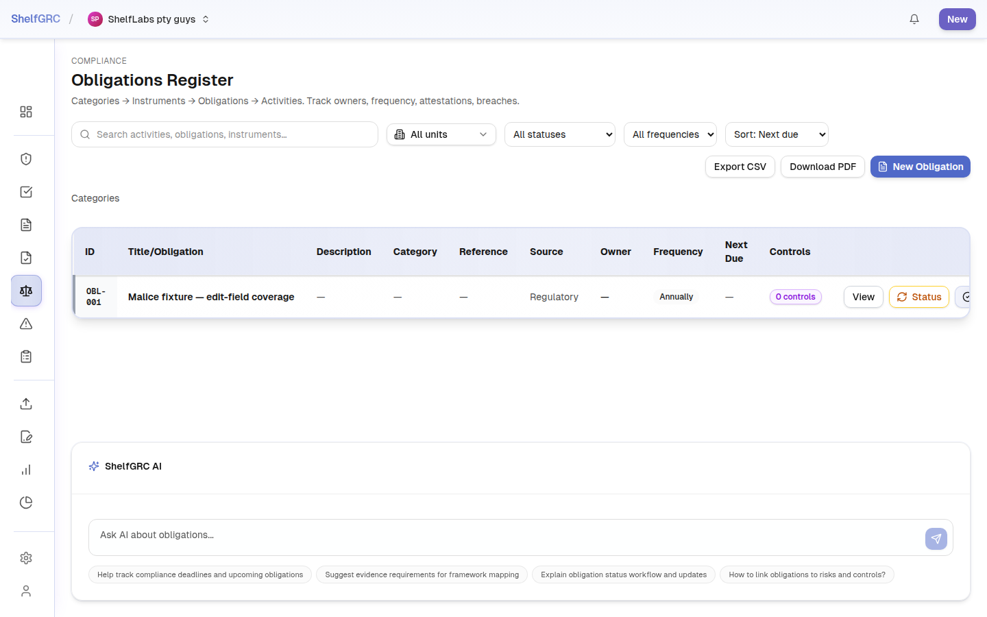 The Obligations register showing requirements with sources, owners, and compliance status